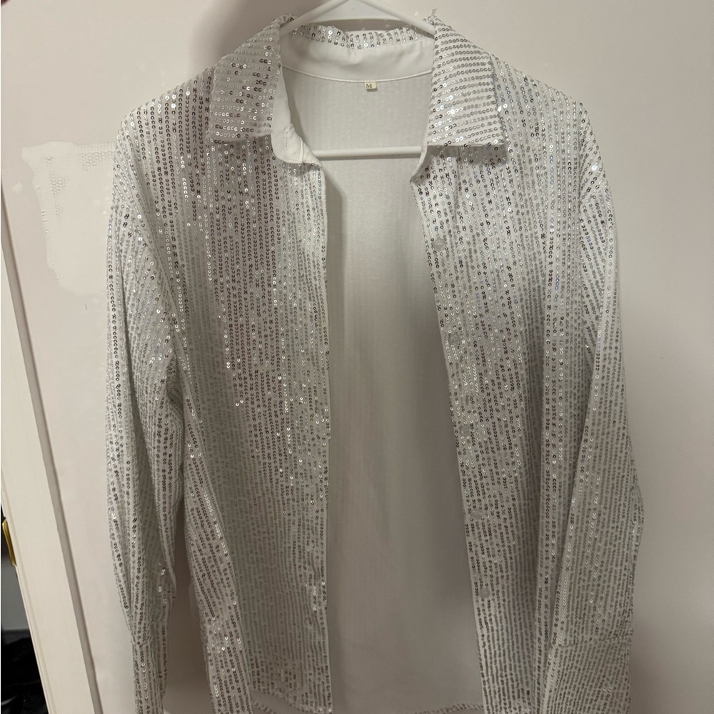Silver Sequin Long Sleeve Shirt